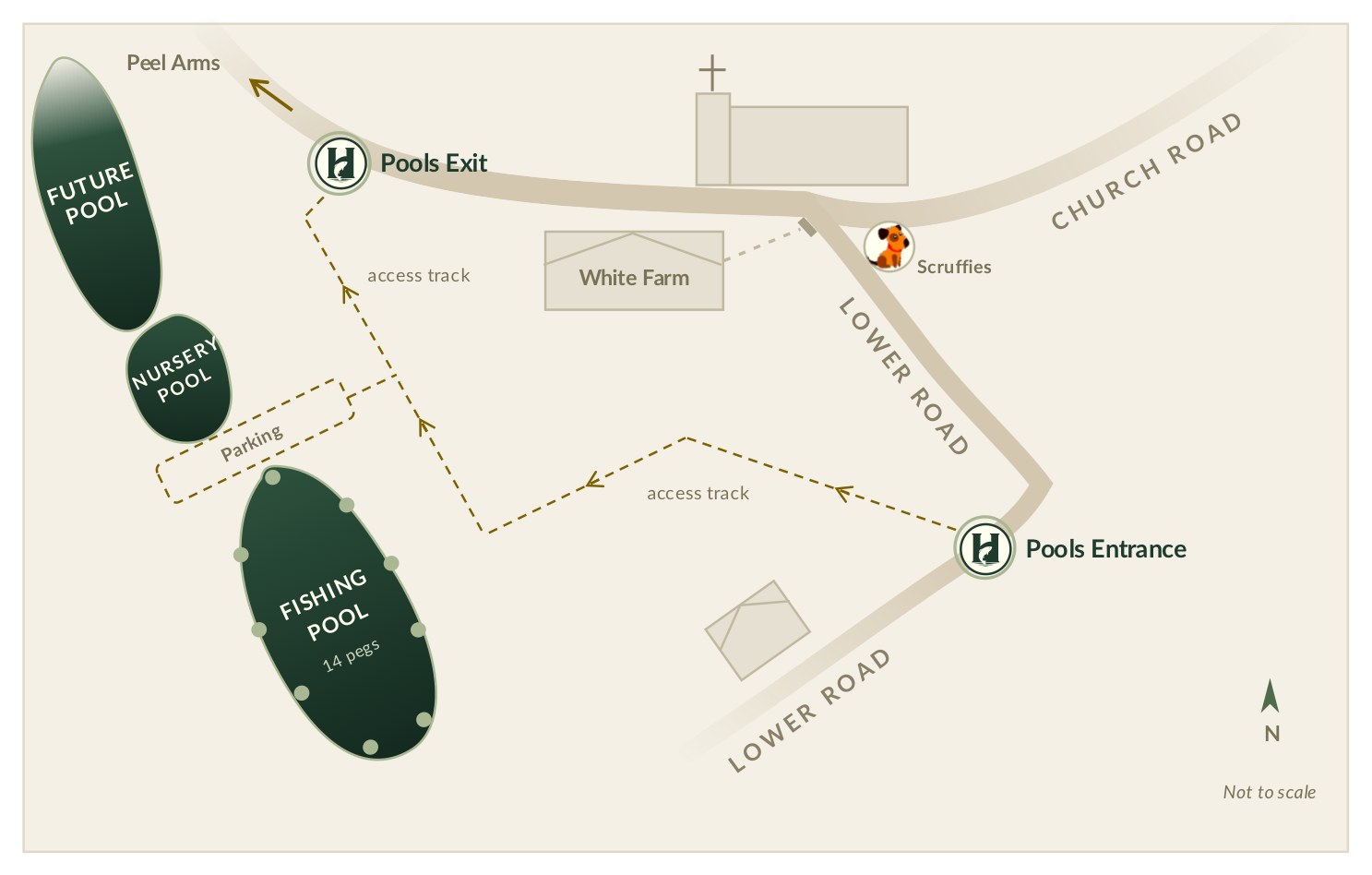 Hand-drawn map of the drive in: from Church Road, turn onto Lower Road; the Pools Entrance is on the left about 140 metres past White Farm, where an access track leads to parking beside the fishing pool.